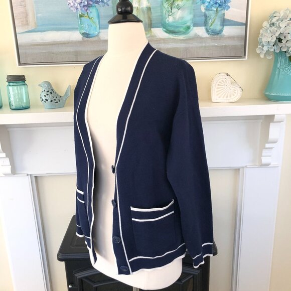 Truth Navy Blue Cardigan with White Trim Size Medium - Picture 5 of 10